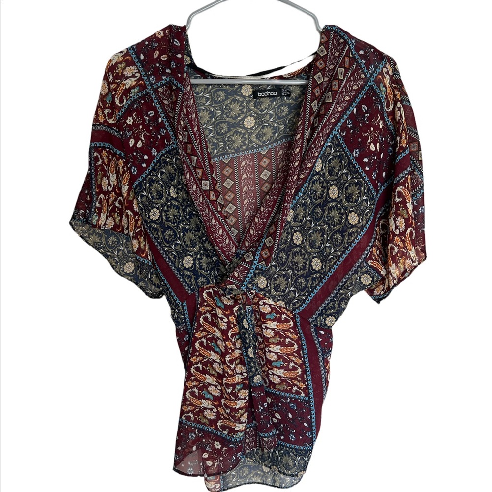 Boohoo Patterned Tie-back Blouse - Small